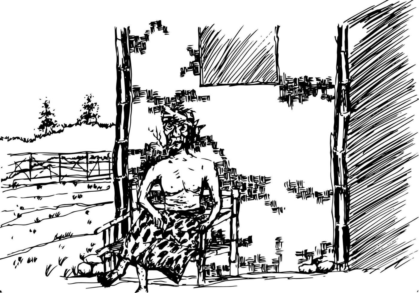 skiss av ett gammal man Sammanträde i främre av hans hus vektor