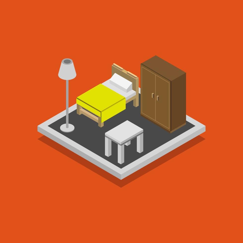 isometrisches Schlafzimmer auf orangefarbenem Hintergrund vektor