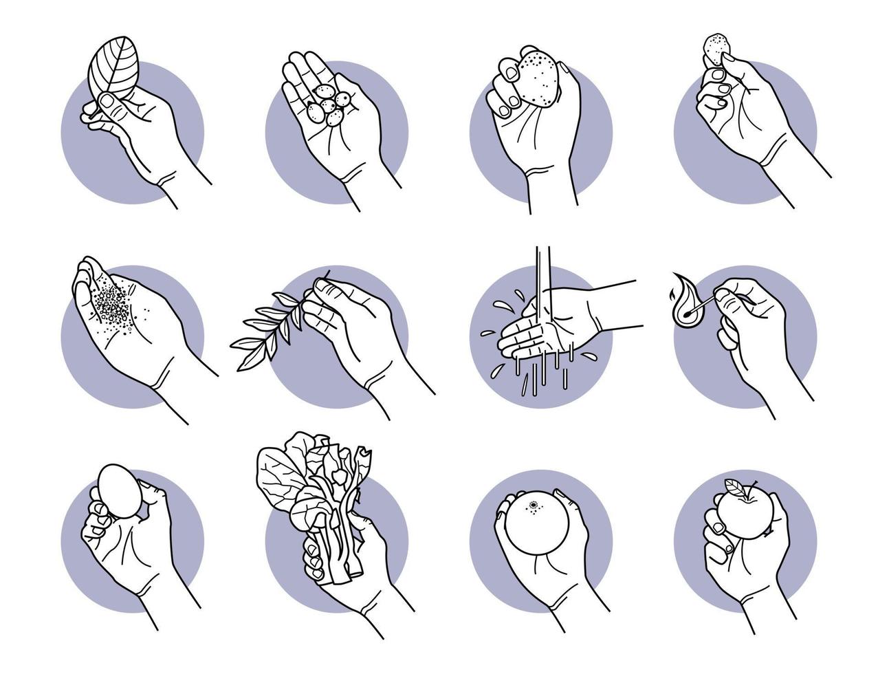 Hand hält natürliche Dinge Symbole gesetzt vektor