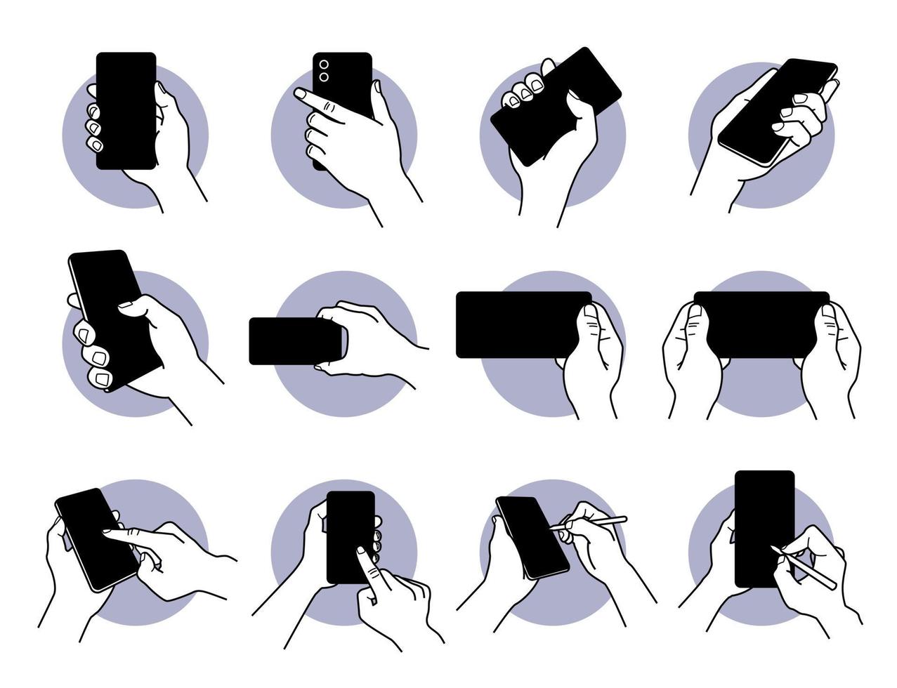 Hand halten und Smartphone mit schwarzem leerem Bildschirmsymbolsatz verwenden vektor