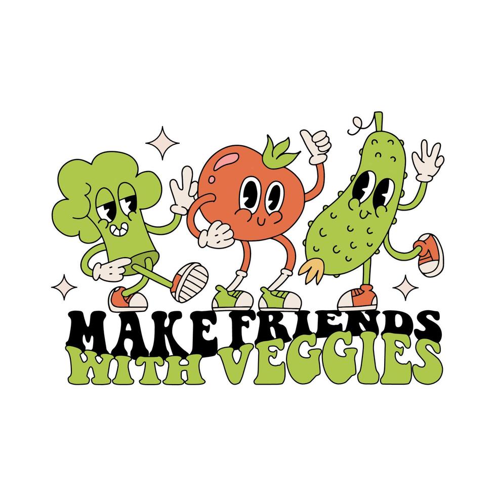 göra vänner med grönsaker - klistermärke begrepp. tecken grönsaker i retro tecknad serie stil, rolig färgrik maskotar - tomat, gurka, broccoli. vektor illustration med typografi element