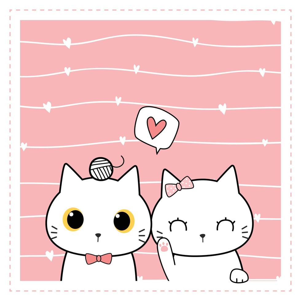 söt katt kattunge kärlek par tecknad klotter rosa pastell kort vektor