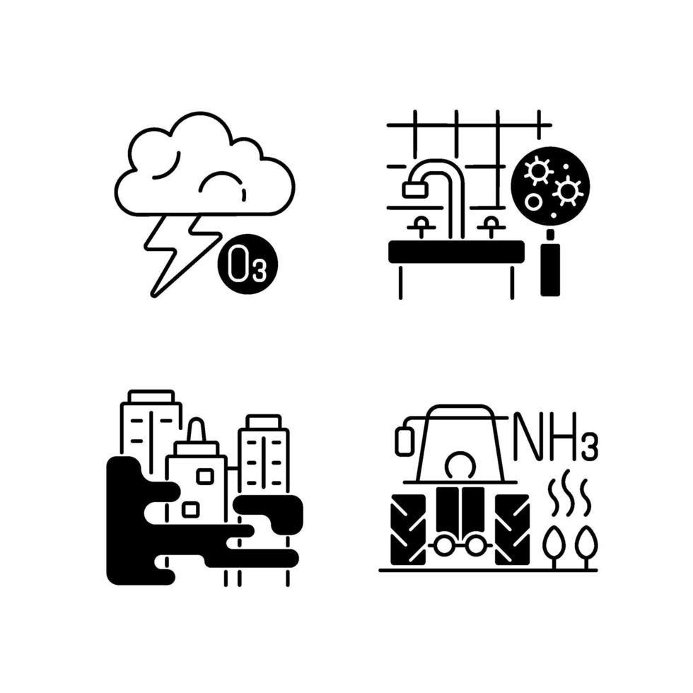 luftföroreningar svart linjär ikoner set vektor