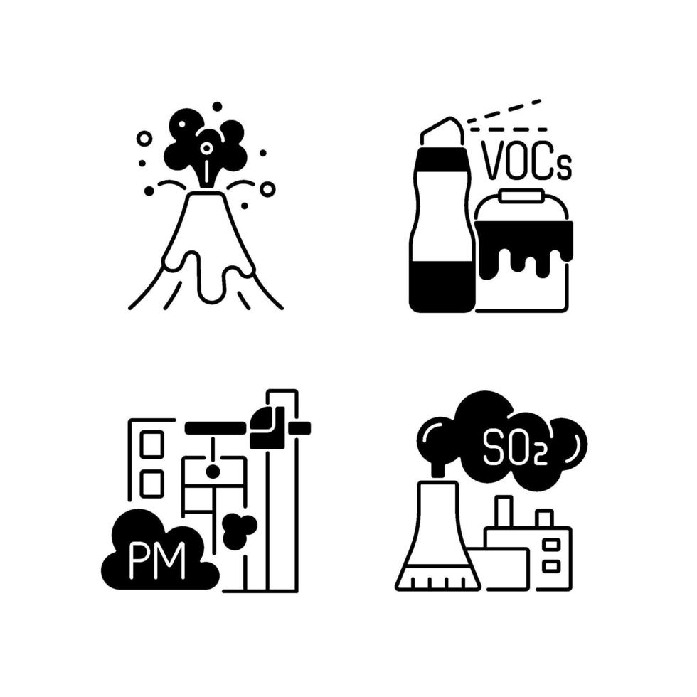 luftföroreningar svart linjär ikoner set vektor