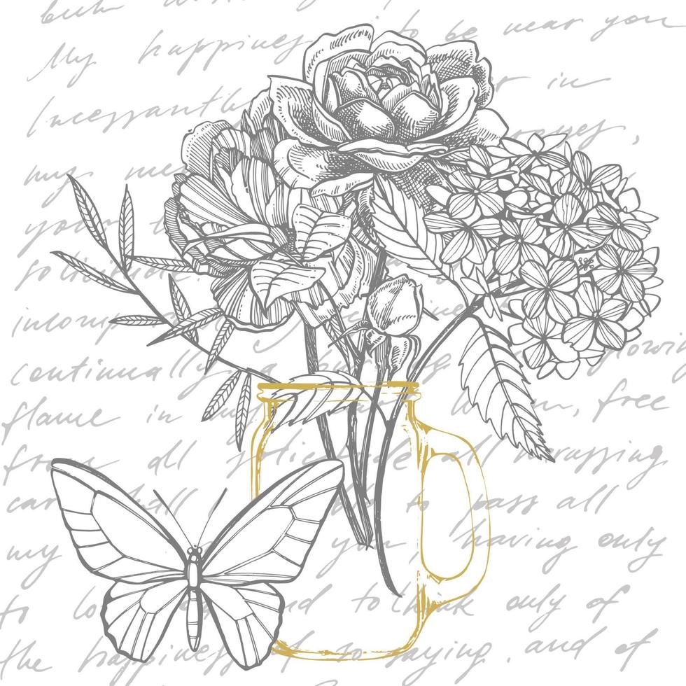 Strauß. Frühling Blumen und Zweige. Pfingstrosen, Hortensie, Rose. Jahrgang botanisch Illustration. schwarz und Weiß einstellen von Zeichnung Kornblumen, Blumen- Elemente, Hand gezeichnet botanisch Illustration. vektor