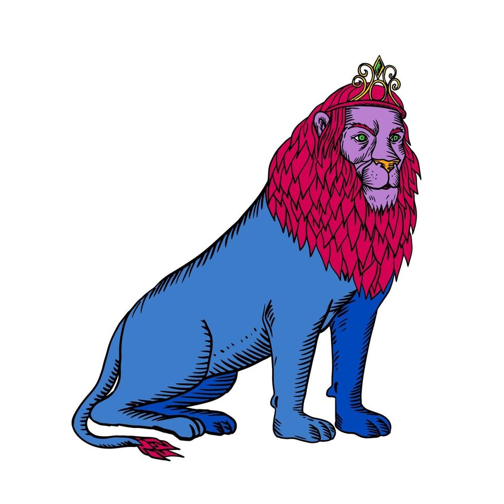 blå lejon sittande bär tiara kronan etsning vektor