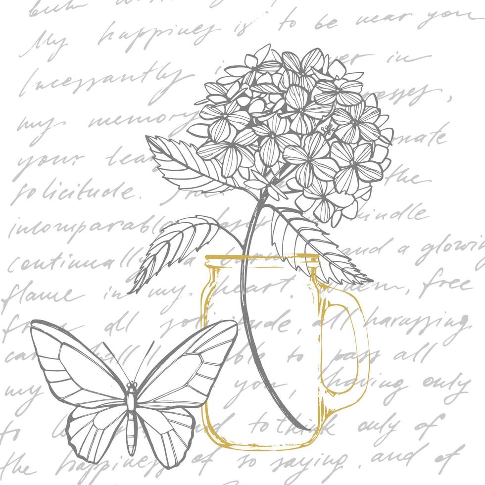 hortensia grafisk illustration i årgång stil. blommor teckning och skiss med linjekonst på vit bakgrunder. botanisk växt illustration vektor