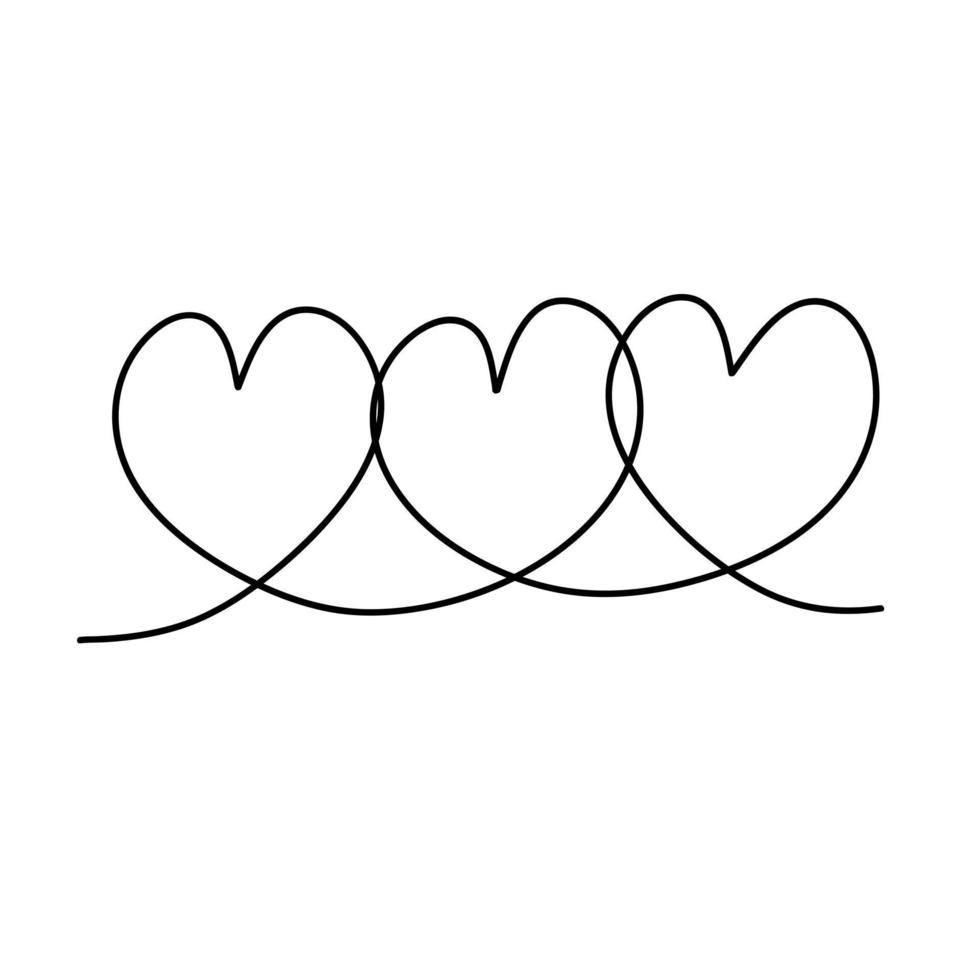 drei Herzen gezeichnet im einer Linie vektor