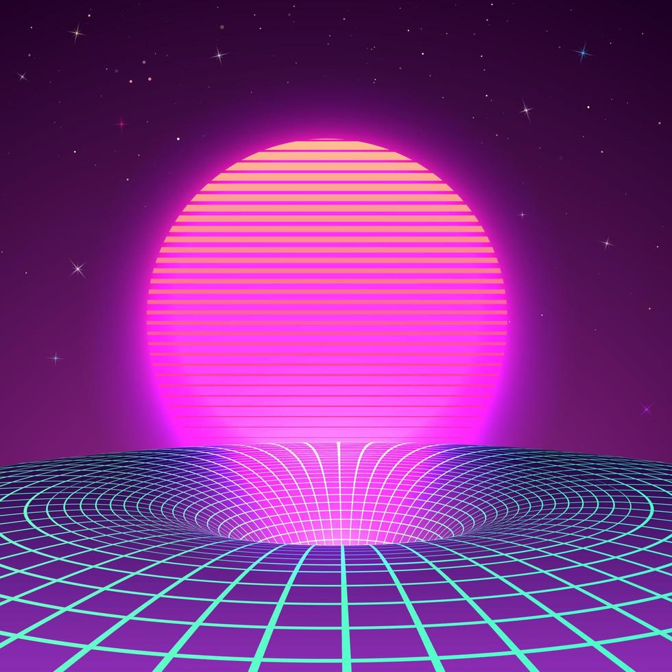 svart hål i neon färger förbi 80s eller 90-tal. bakgrund eller omslag för retrowave elektronisk musik stil. sci-fi affisch mall. vektor illustration