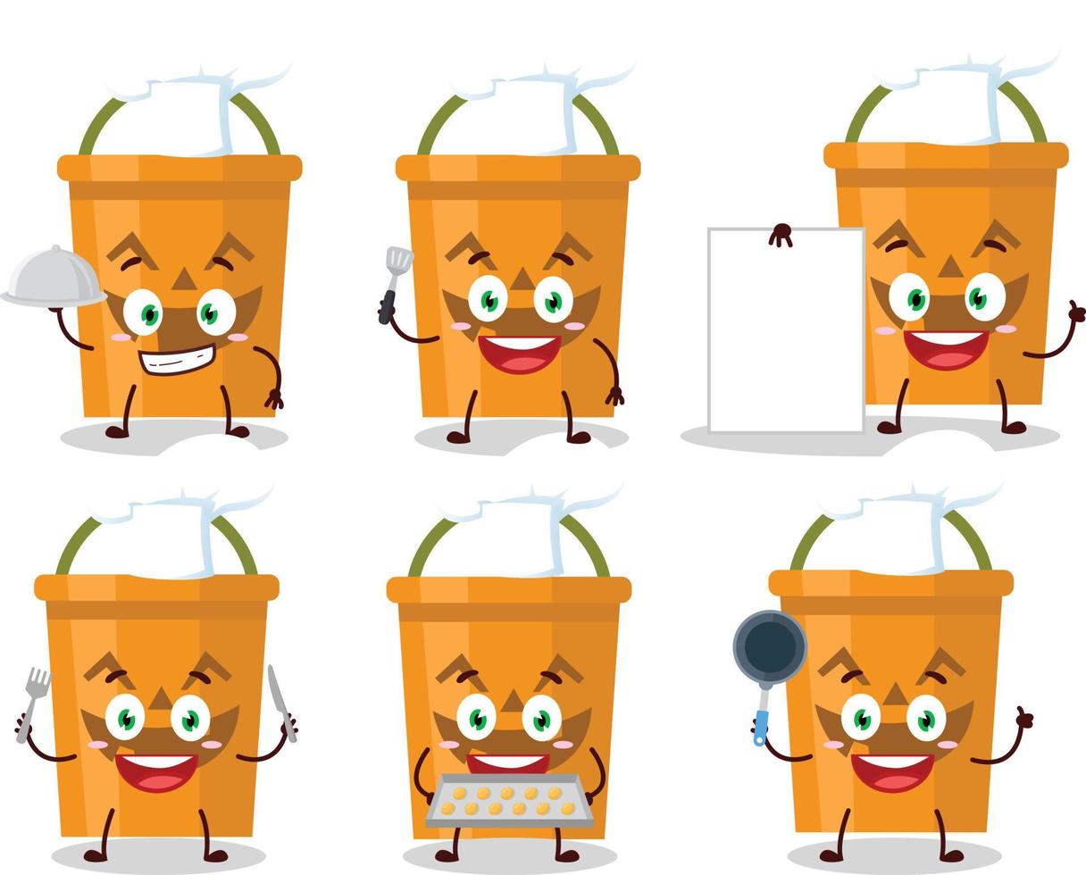 Karikatur Charakter von Halloween Eimer mit verschiedene Koch Emoticons vektor