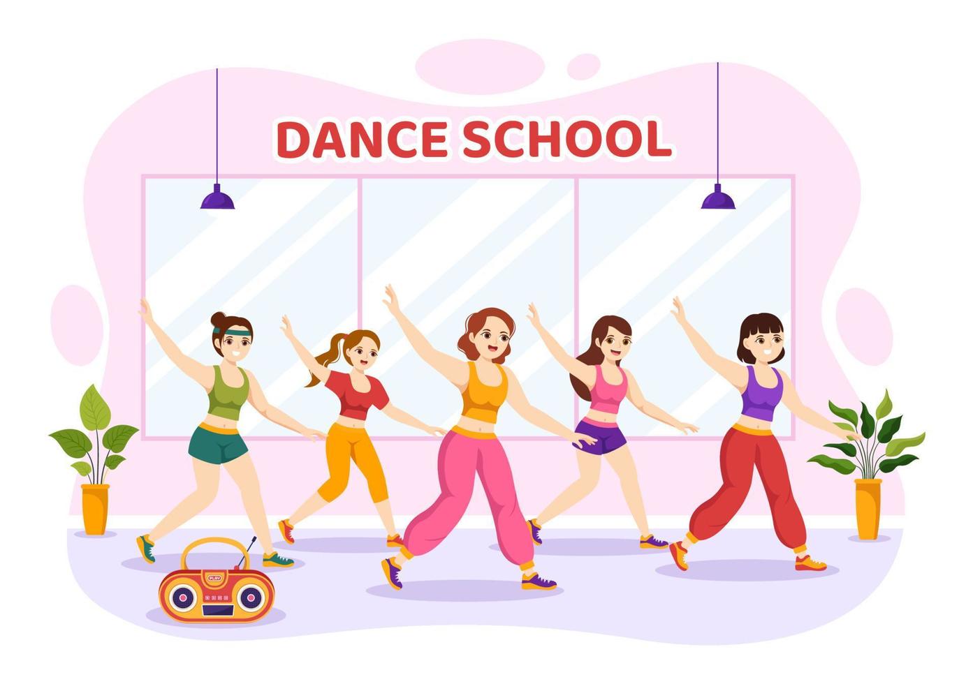 tanzen Schule Illustration von Menschen Tanzen oder Choreographie mit Musik- Ausrüstung im Studio im eben Karikatur Hand gezeichnet Landung Seite Vorlagen vektor