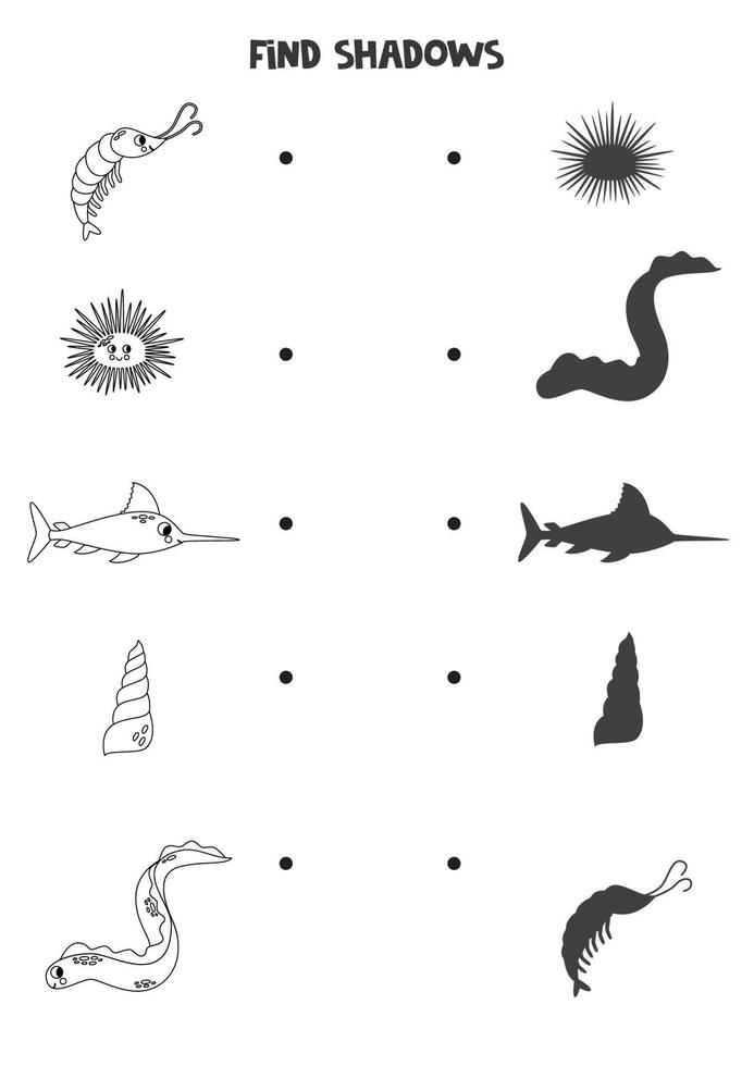 finden das richtig Schatten von schwarz und Weiß Meer Tiere. logisch Puzzle zum Kinder. vektor