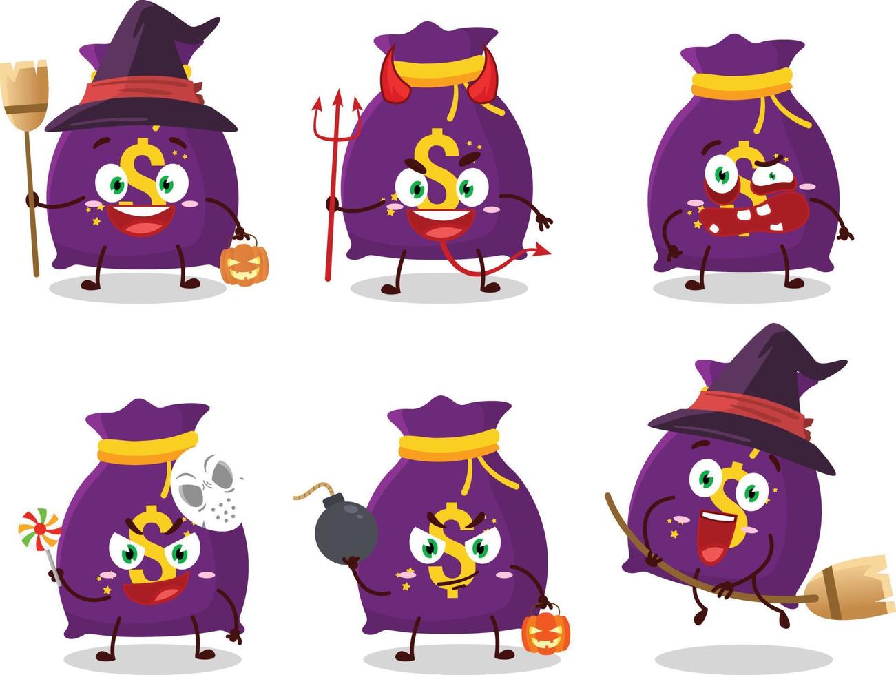Halloween Ausdruck Emoticons mit Karikatur Charakter von Magie Geld Sack vektor
