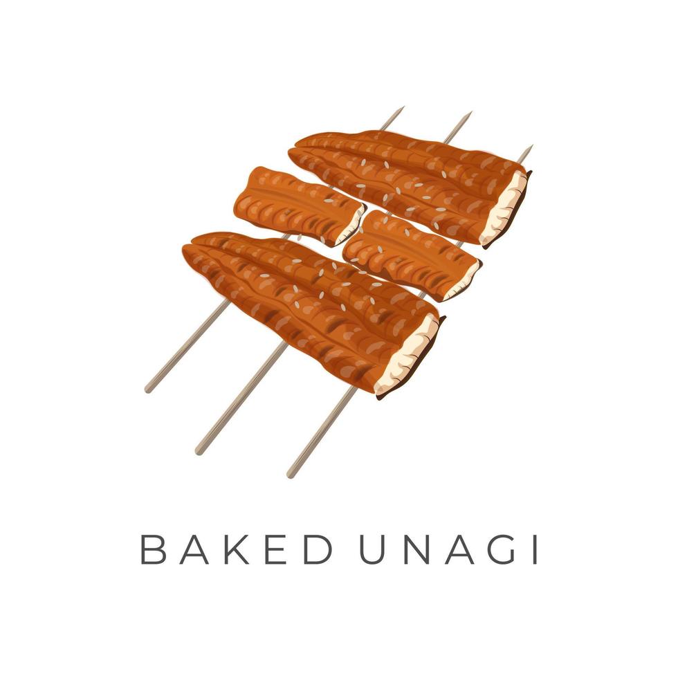 logotyp illustration av grillad ål med bambu grillspett kabayaki unagi vektor