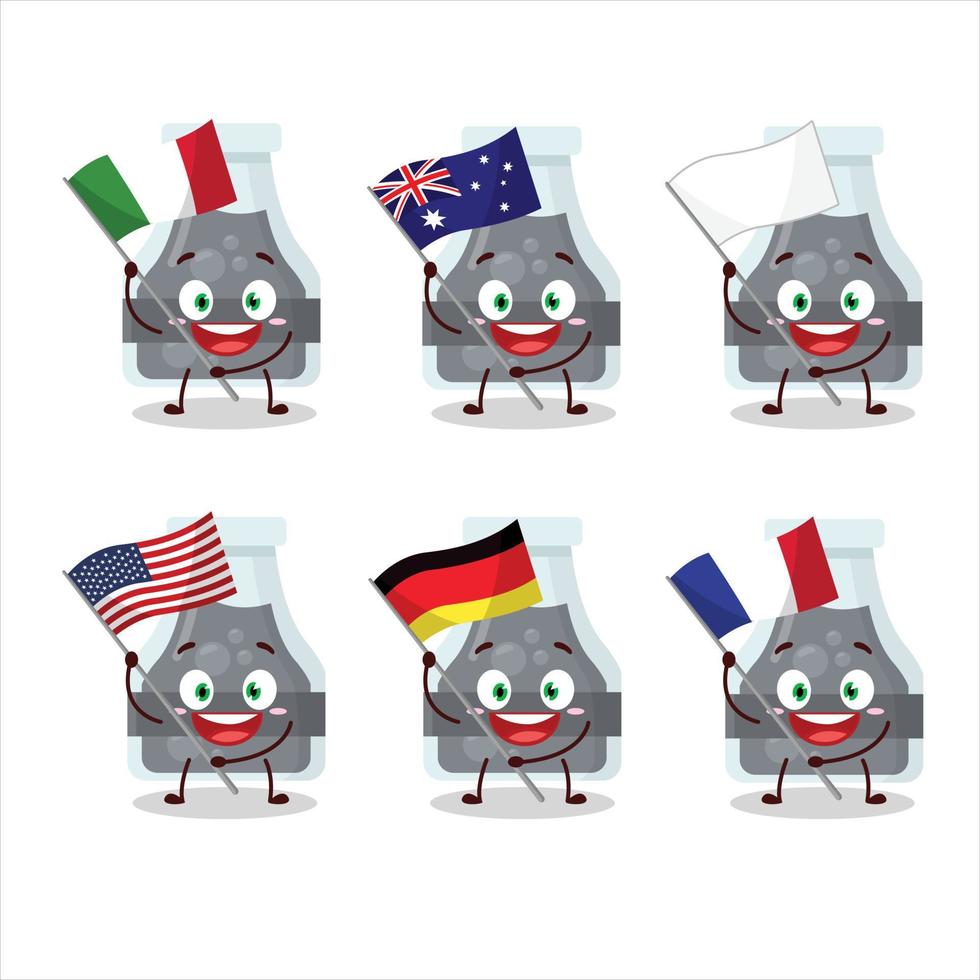 svart trolldryck tecknad serie karaktär föra de flaggor av olika länder vektor