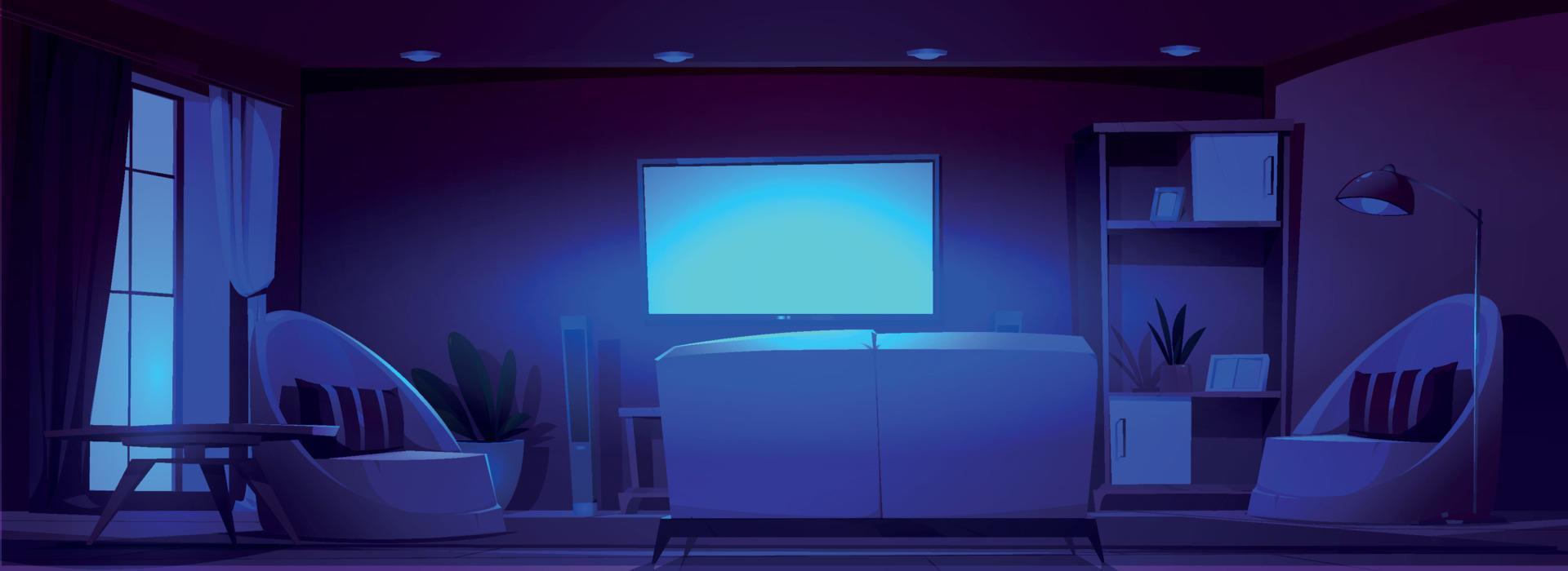 tecknad serie levande rum med TV uppsättning på natt vektor