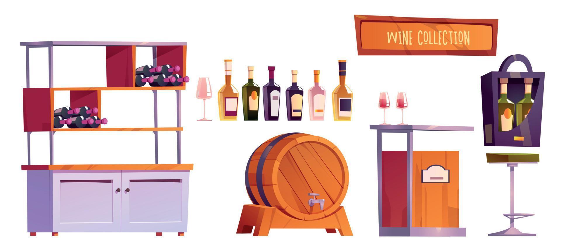 Wein Geschäft oder Bar Innere Objekte einstellen mit Flasche vektor