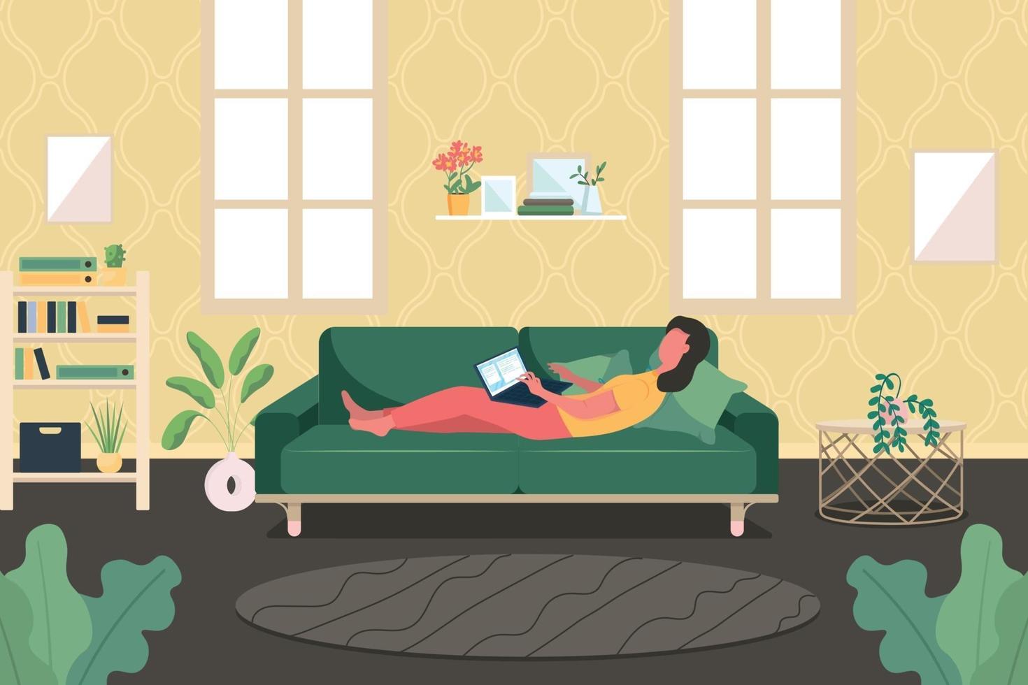 Frau mit Laptop auf Couch flache Farbvektorillustration vektor