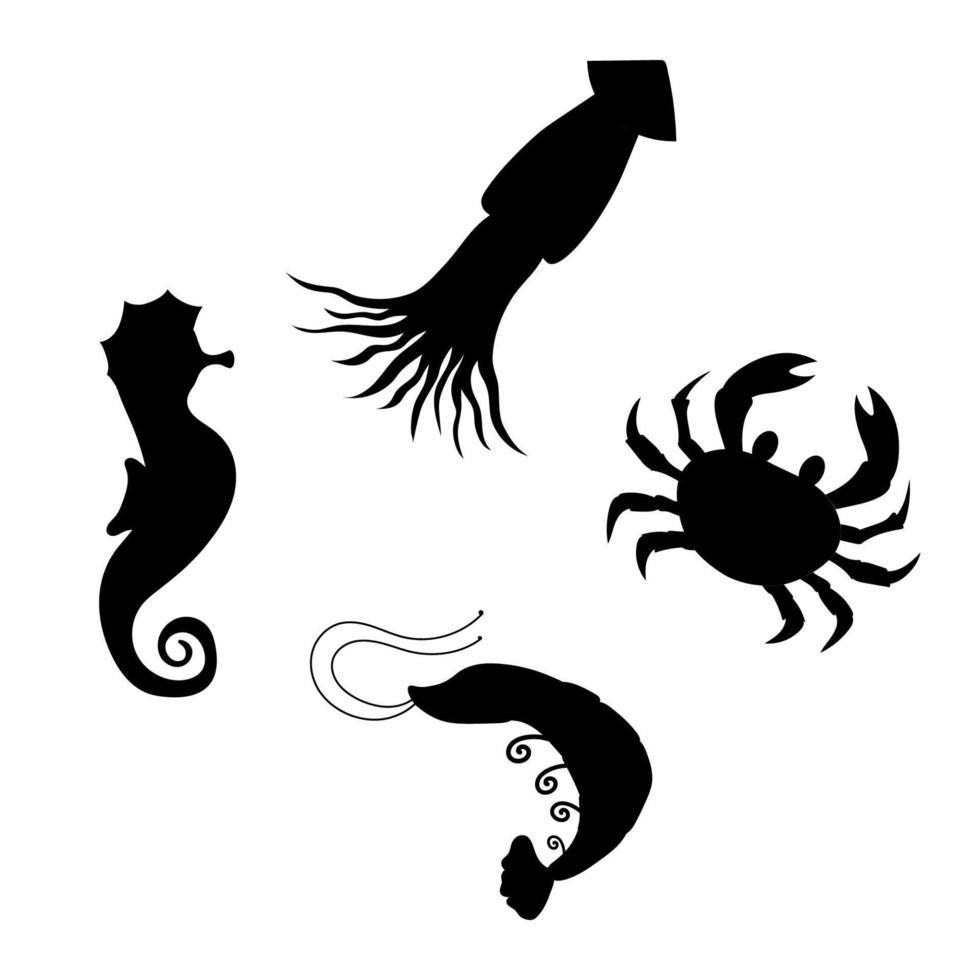 Garnele, Tintenfisch, Krabbe, Seepferdchen Silhouette. Vektor Illustration Welt Tag Ozean, Meer, Marine Tiere.