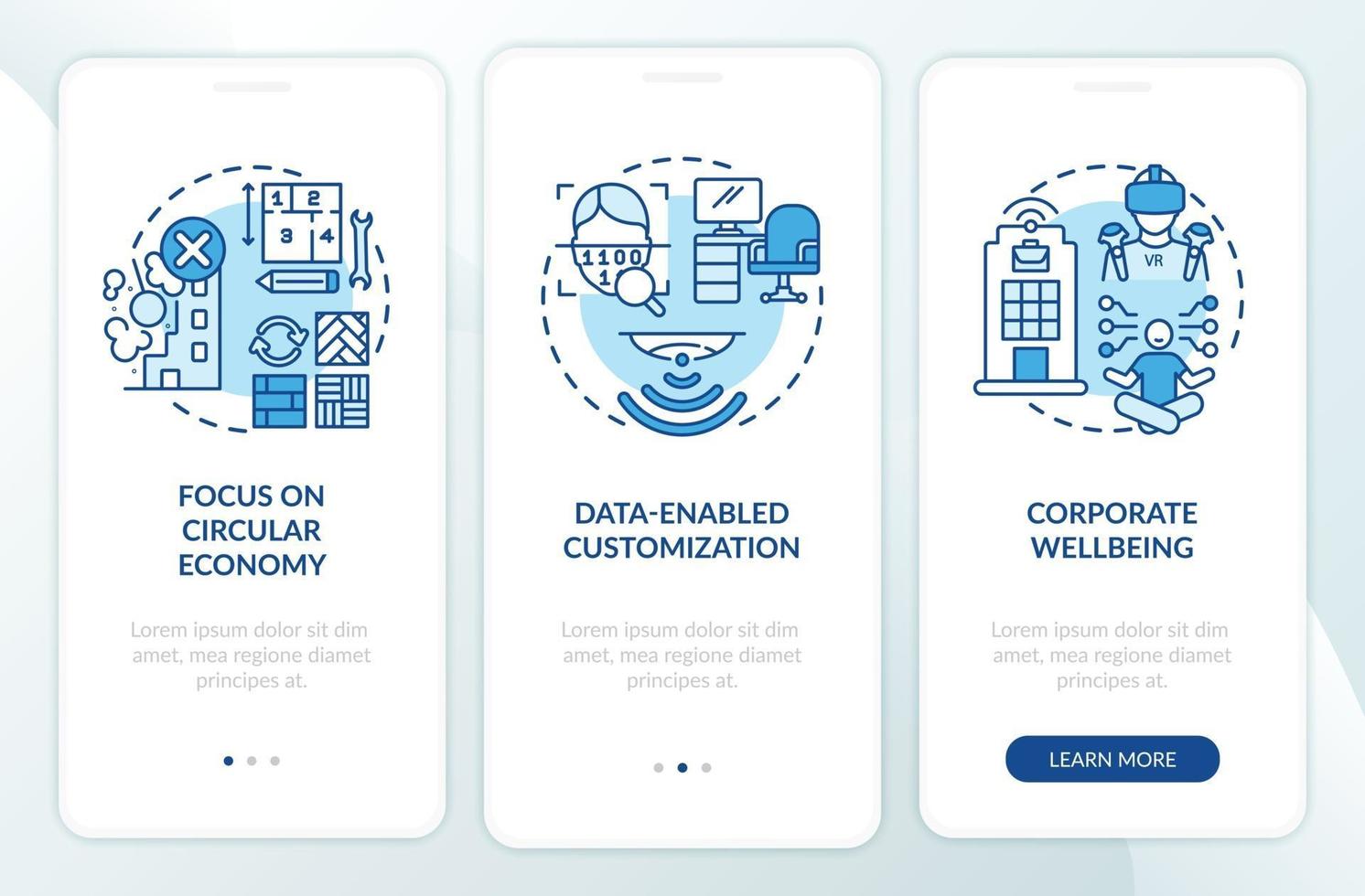 futuristische Office-Design-Trends Onboarding Mobile App-Seitenbildschirm mit Konzepten vektor