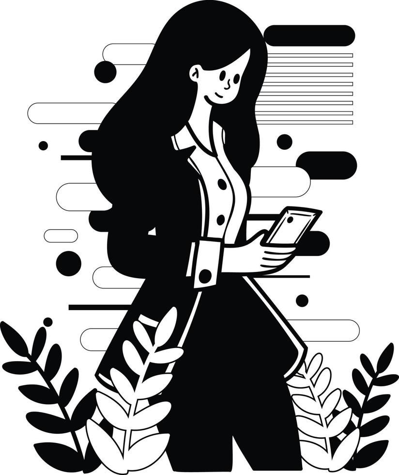 kvinna kontor arbetstagare handla uppkopplad från smartphone illustration i klotter stil vektor