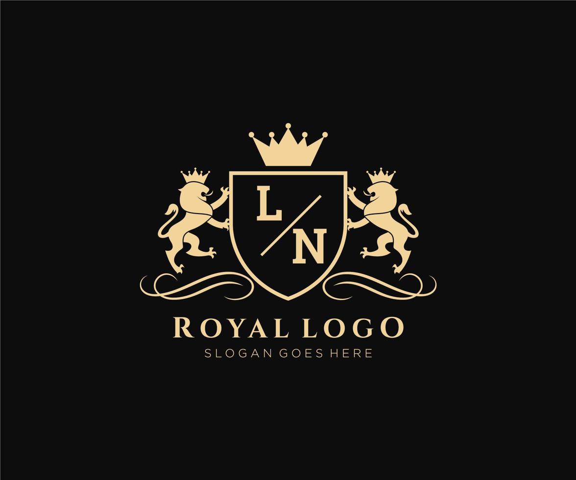 första ln brev lejon kunglig lyx heraldisk, vapen logotyp mall i vektor konst för restaurang, kungligheter, boutique, Kafé, hotell, heraldisk, Smycken, mode och Övrig vektor illustration.