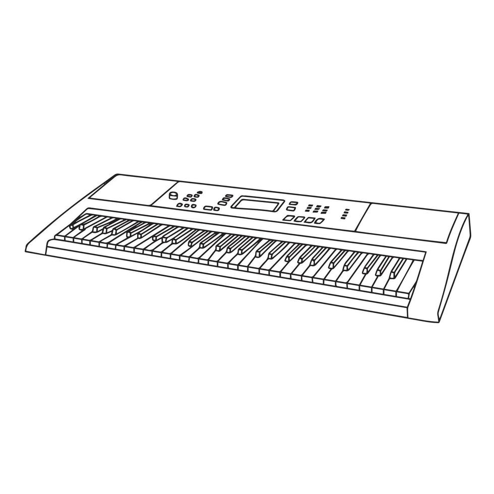 Synthesizer im Gekritzel Stil isoliert auf Weiß Hintergrund. Hand zeichnen Vektor Illustration. Gliederung Musical Instrument.