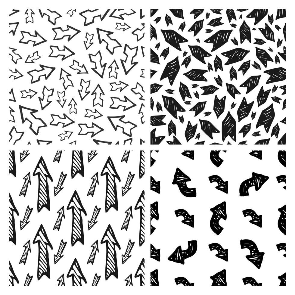 sömlös mönster med svart hand dragen pilar. uppsättning av fyra kreativ abstrakt bakgrunder. vektor illustration