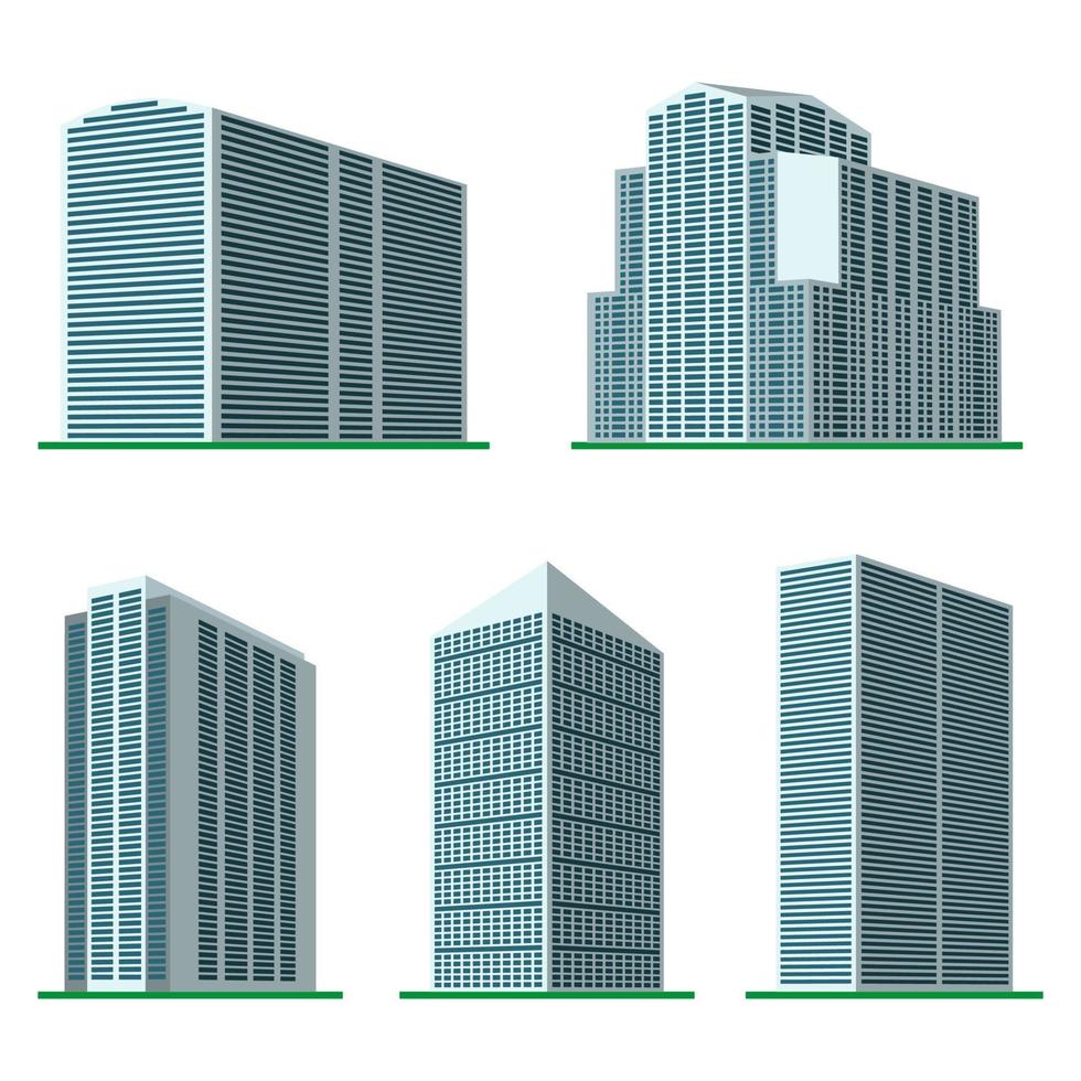 uppsättning av fem modern höghus byggnad på en vit bakgrund. se av de byggnad från de botten. isometrisk vektor illustration.