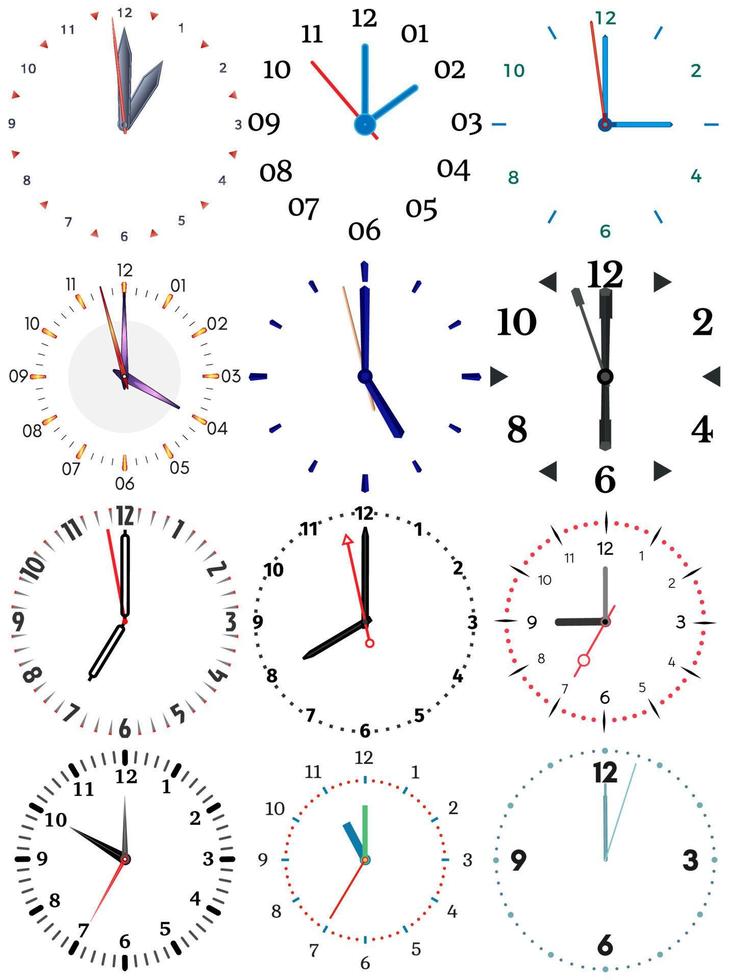 ein einstellen von anders mechanisch Uhren mit ein Bild von jeder von das zwölf Std. Uhr Gesicht auf Weiß Hintergrund. vektor