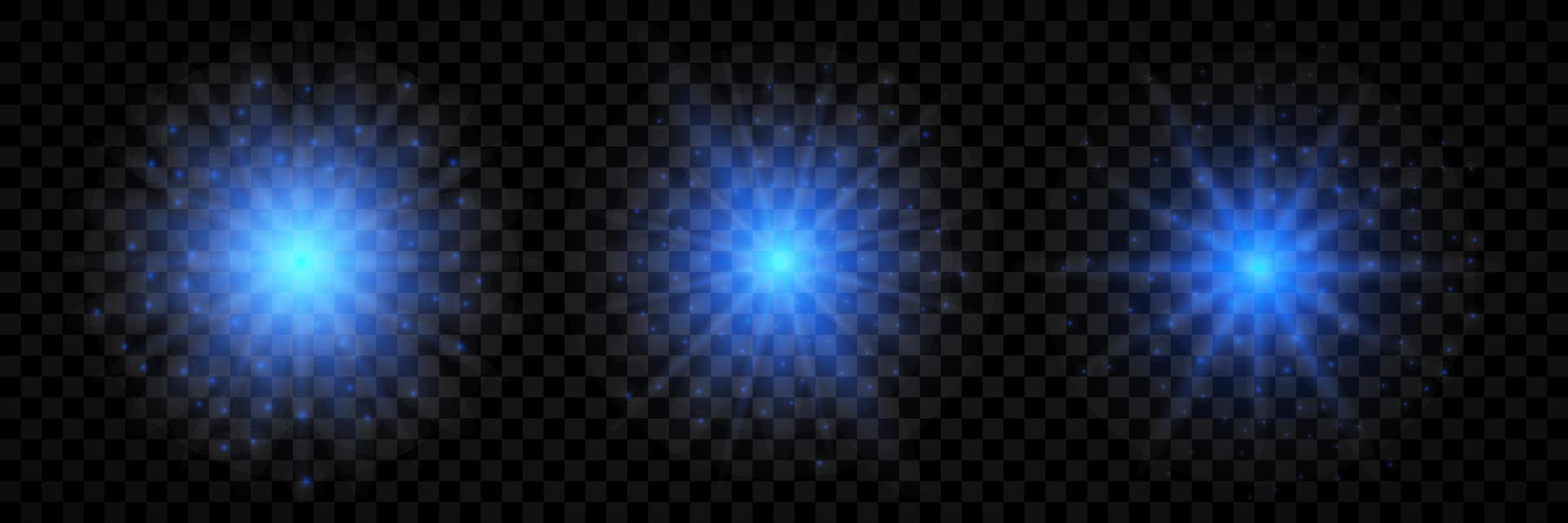 ljus effekt av lins bloss. uppsättning av tre blå lysande lampor starburst effekter med pärlar vektor