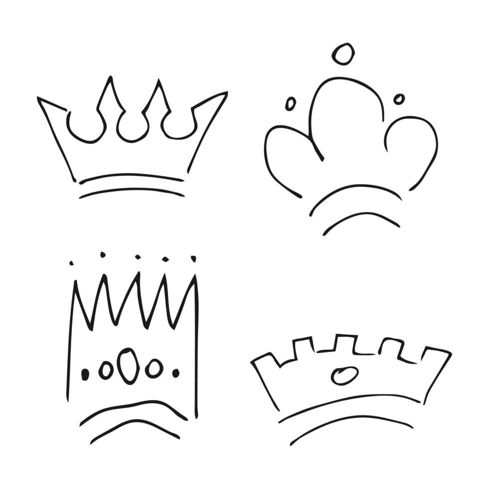 handgezeichnete Kronen. satz von vier einfachen graffiti-skizzenköniginnen oder königskronen. Königliche Kaiserkrönung und Monarchsymbole vektor