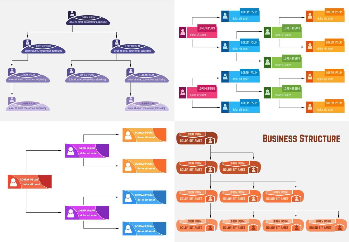 uppsättning av fyra färgrik företag strukturera begrepp, företags- organisation Diagram schema med människor ikoner. vektor illustration.