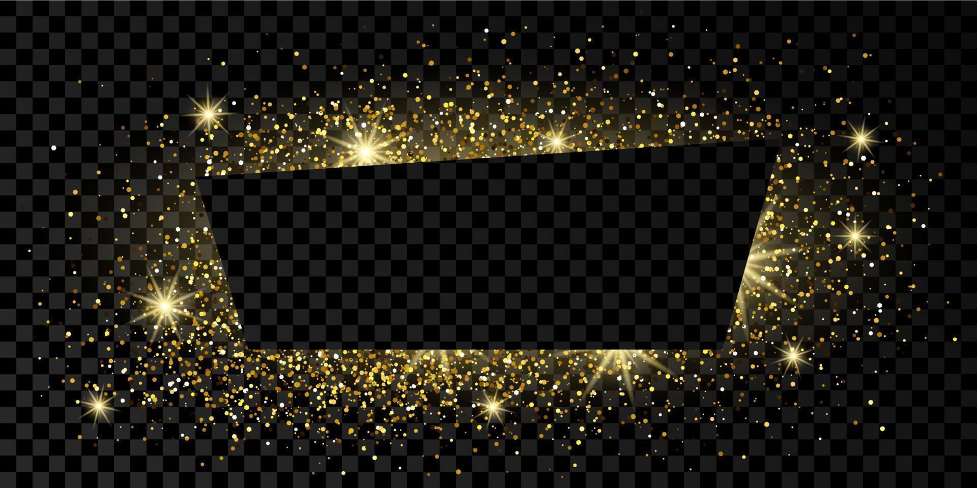 gyllene trapets ram med glitter, pärlar och bloss på mörk bakgrund. tömma lyx bakgrund. vektor illustration.