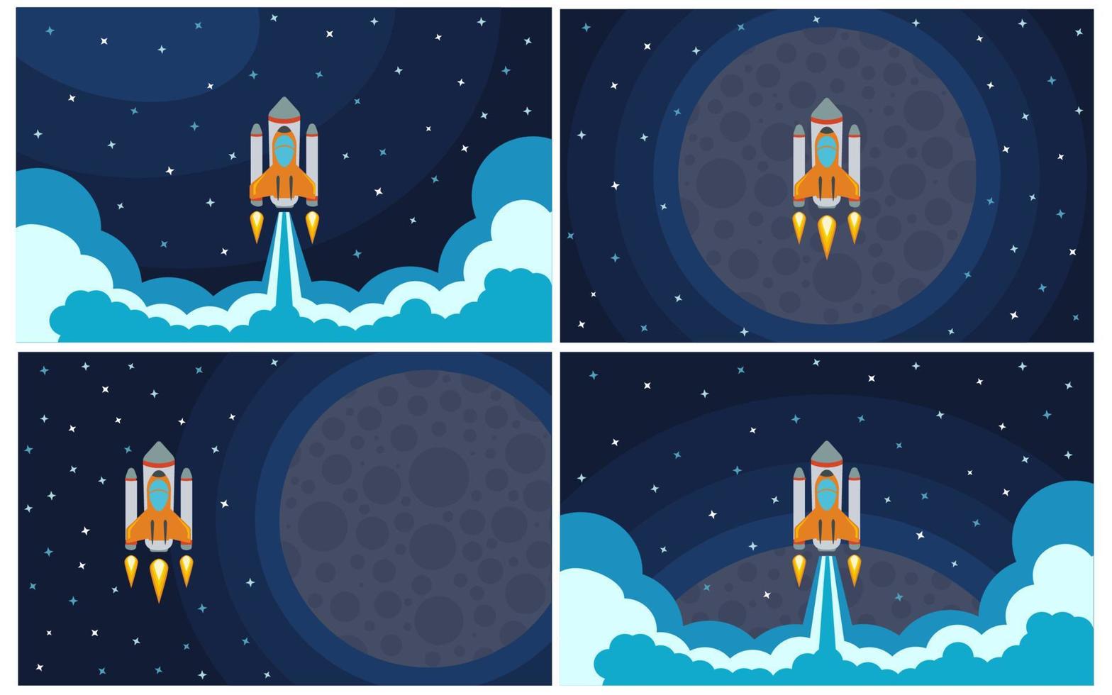 uppsättning av fyra vektor illustration med flygande raket. Plats resa.