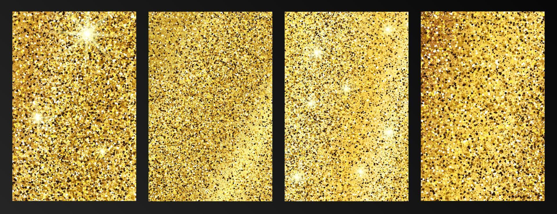 uppsättning av fyra gyllene glittrande bakgrunder med guld pärlar och glitter effekt. berättelser baner design. tömma Plats för din text. vektor illustration