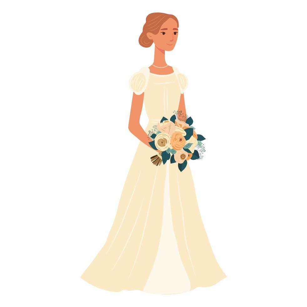 das Braut mit ein Hochzeit Strauß von Blumen. Vektor Illustration im eben Karikatur Stil.