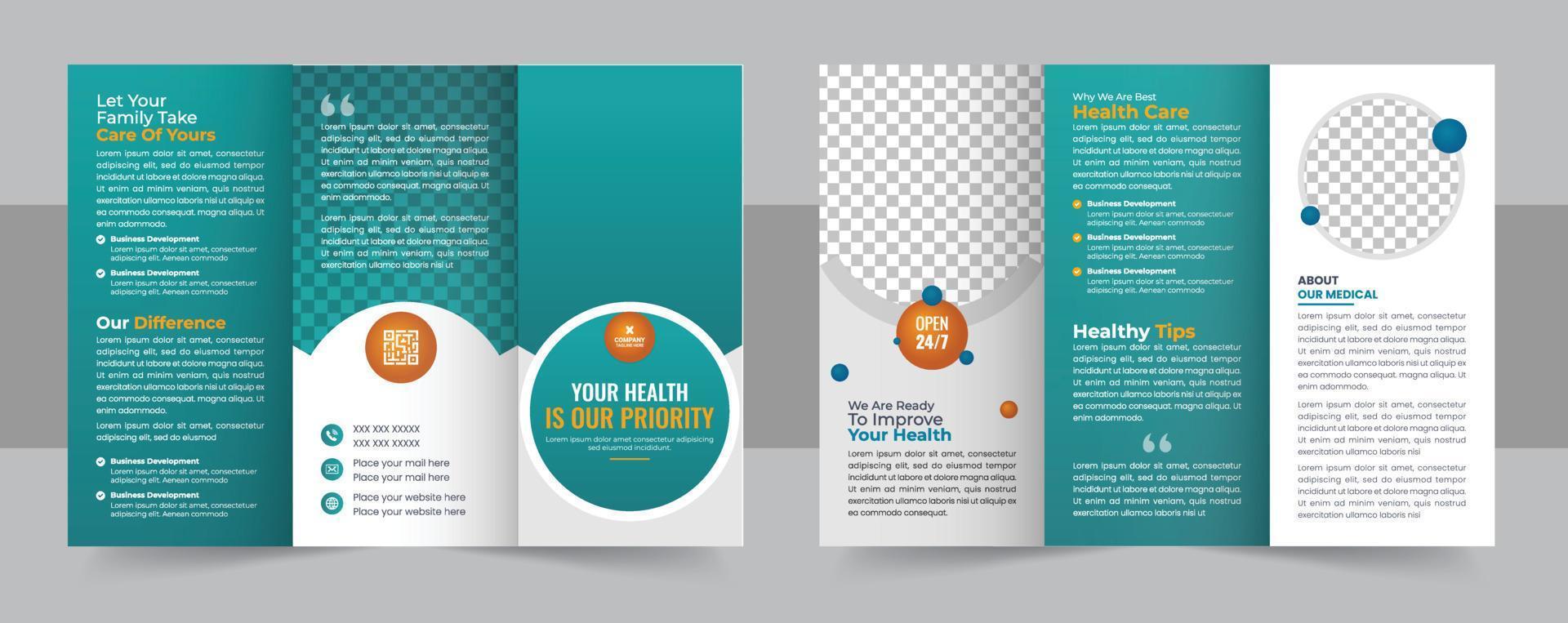 medicinsk klinik trifold broschyr layout, medicinsk eller sjukvård trifold broschyr mall design vektor