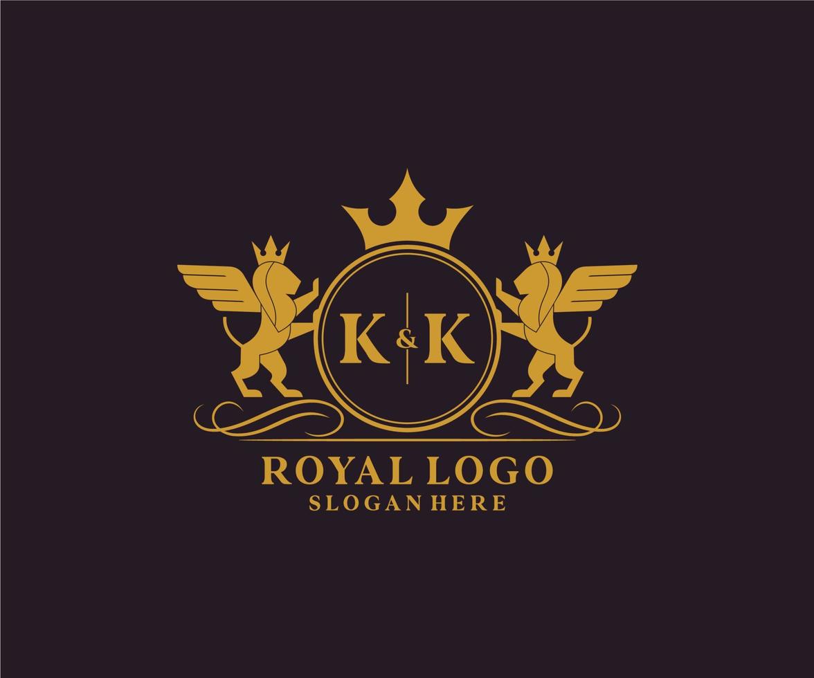 första kk brev lejon kunglig lyx heraldisk, vapen logotyp mall i vektor konst för restaurang, kungligheter, boutique, Kafé, hotell, heraldisk, Smycken, mode och Övrig vektor illustration.