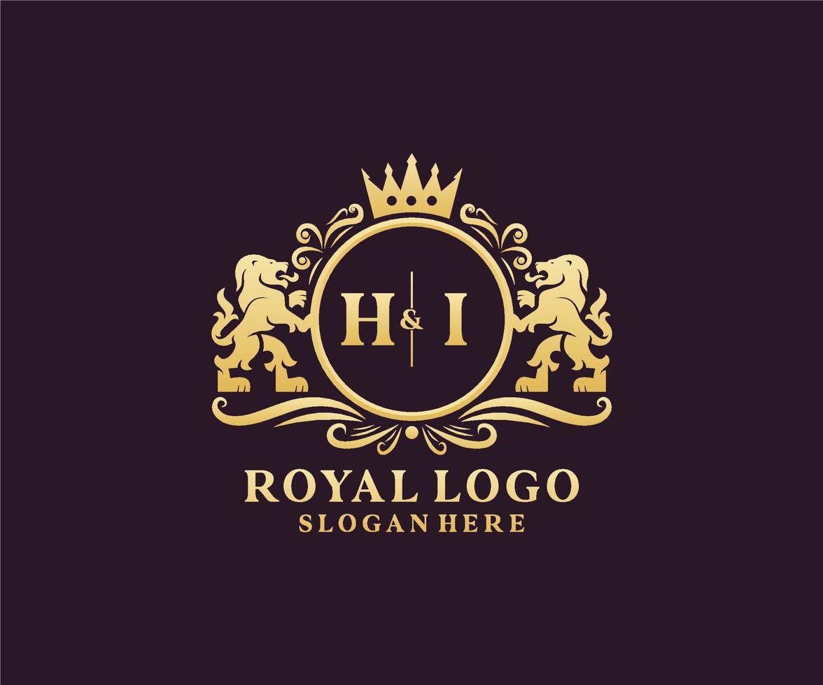 första Hej brev lejon kunglig lyx logotyp mall i vektor konst för restaurang, kungligheter, boutique, Kafé, hotell, heraldisk, Smycken, mode och Övrig vektor illustration.