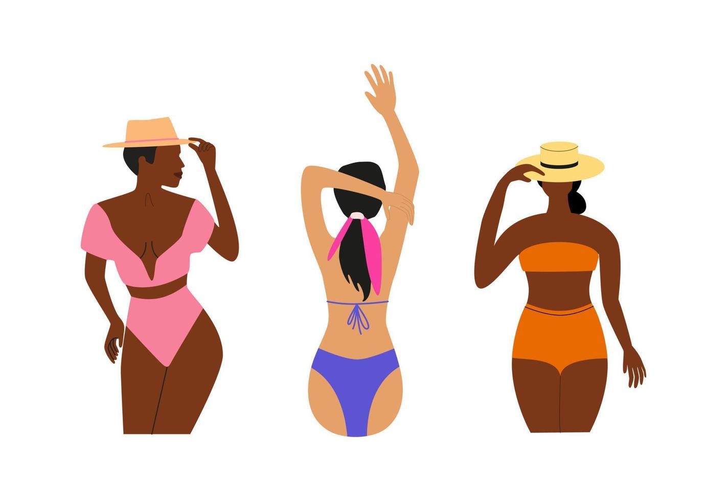 tre ung solbränd flickor i bikini. svart hud och vit hud kvinnor. sommar tid vektor begrepp. modern trendig mode mall.