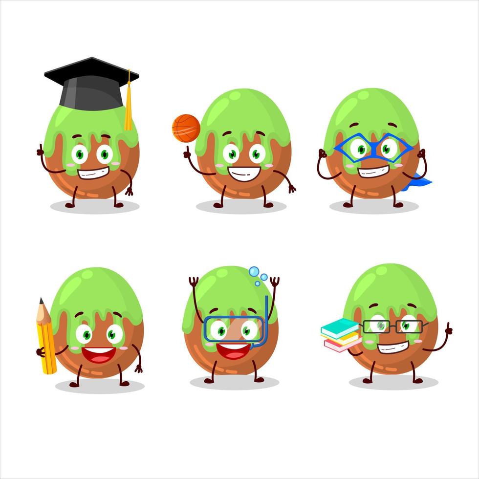 Schule Schüler von Schoko Grün Süßigkeiten Karikatur Charakter mit verschiedene Ausdrücke vektor