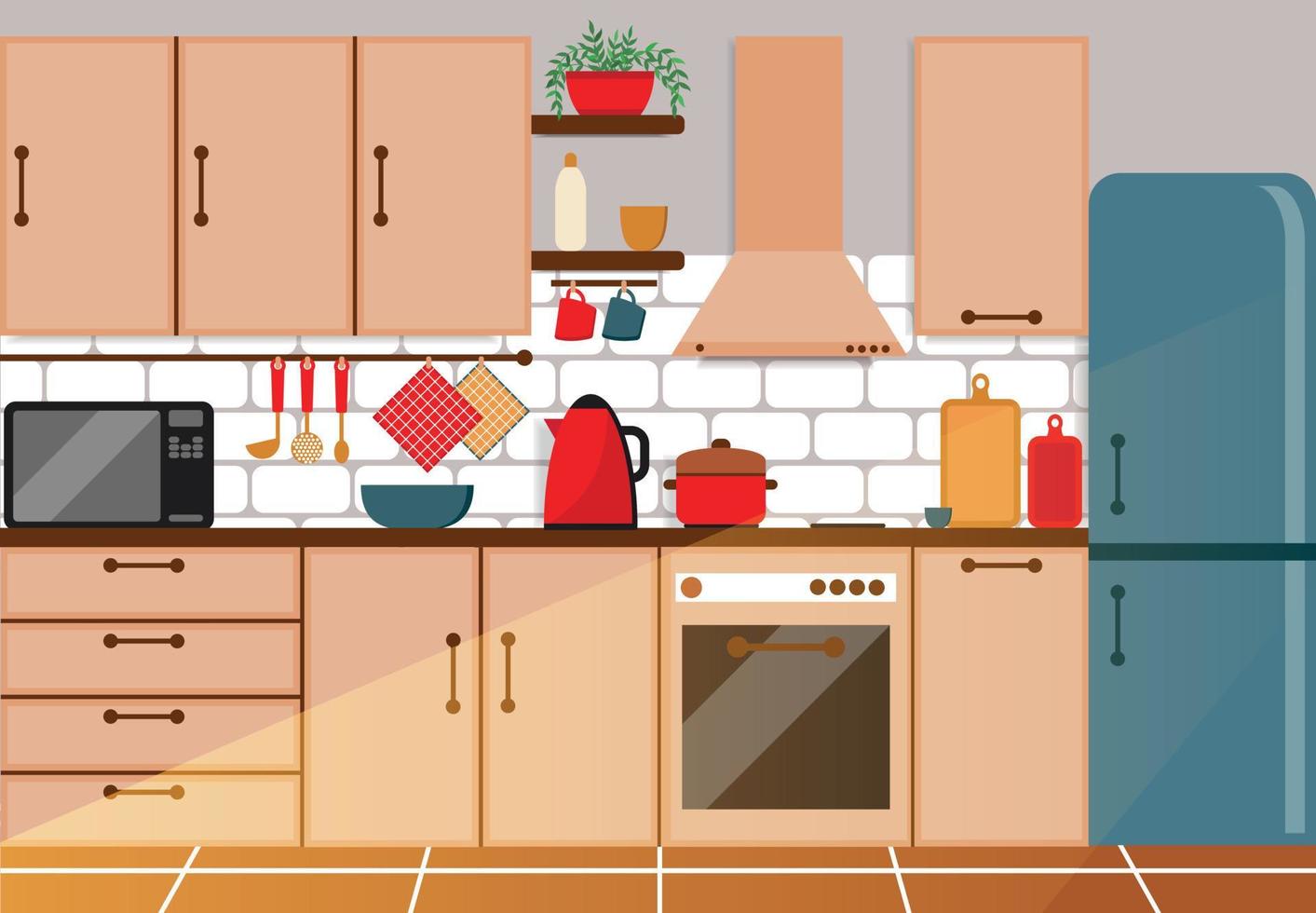 mysigt kök interiör, platt vektor illustration. kylskåp, ugn, mikrovågsugn, vattenkokare, porslin, kök uppsättning.