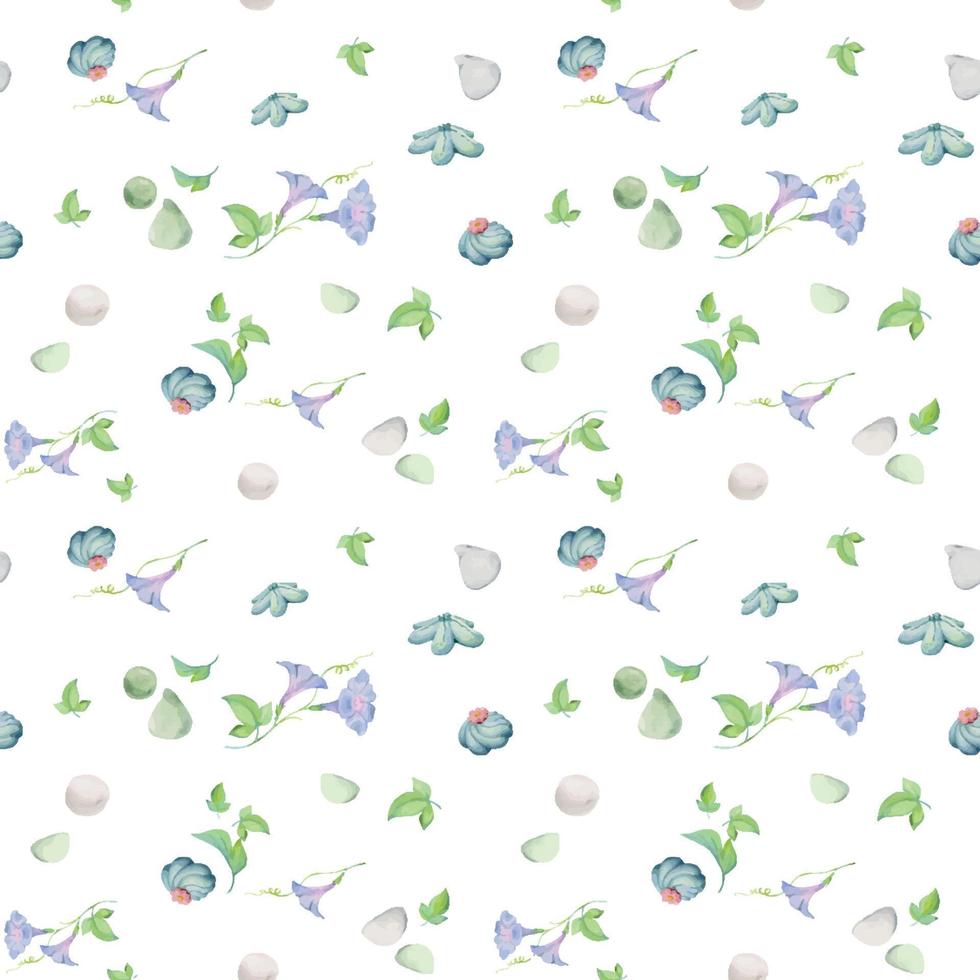 Aquarell nahtlos Muster mit Hand gezeichnet traditionell japanisch Süßigkeiten. wagashi, mochi, Sommer- Blumen isoliert auf Farbe Hintergrund. Einladungen, Restaurant Speisekarte, Gruß Karten, drucken, Textil- vektor