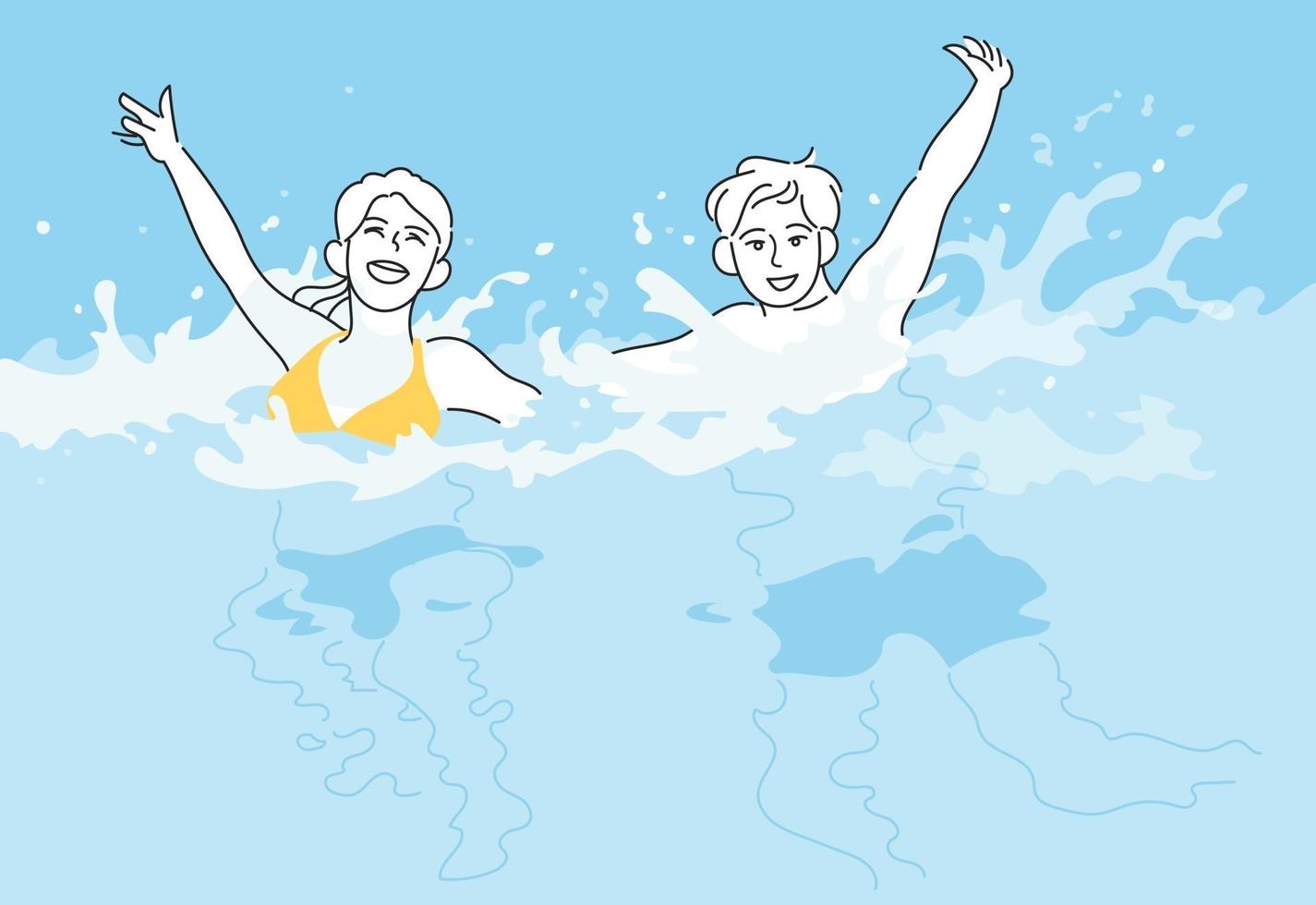 en man och en kvinna som simmar lyckligt i vattnet. handritade stilvektordesignillustrationer. vektor