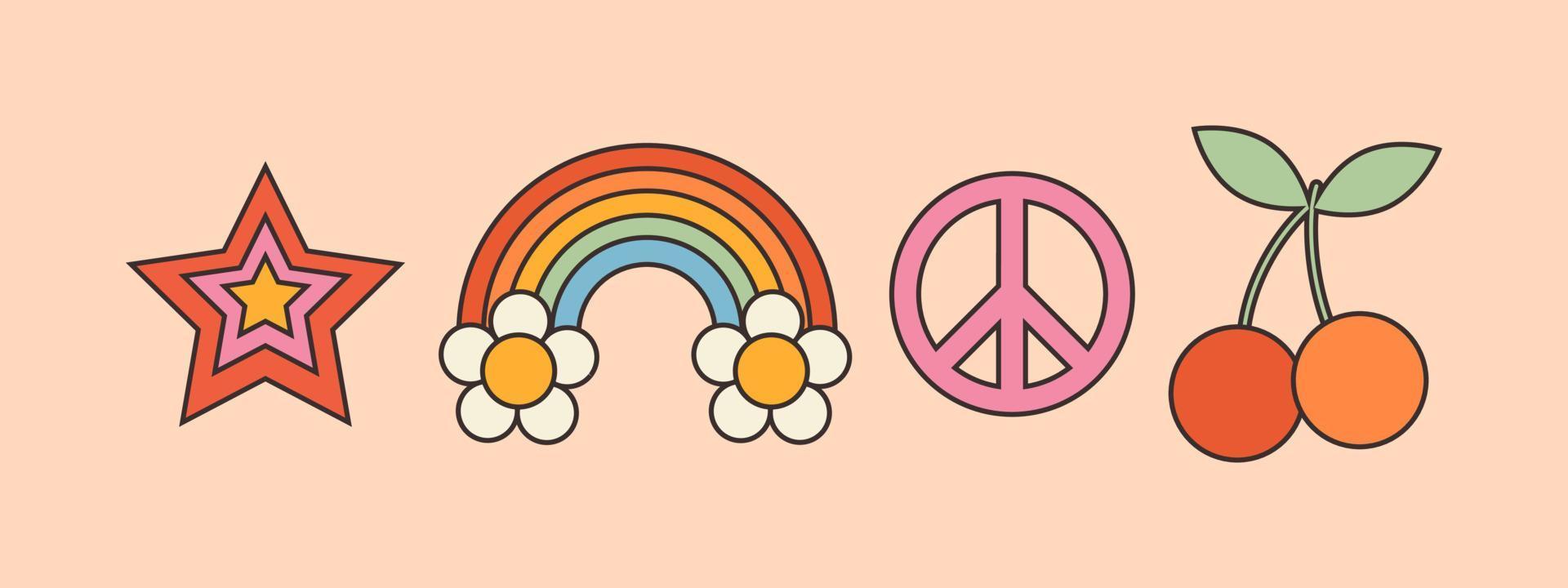 Trend Elemente im Stil von 70er. Pazifist Symbol, Kirsche Beeren, Regenbogen, Sterne. Emblem, Symbol, Logo zum Anwendungen, Netz Design. retro Plakate. Hippie ästhetisch. y2k Jahrgang Vektor Illustration