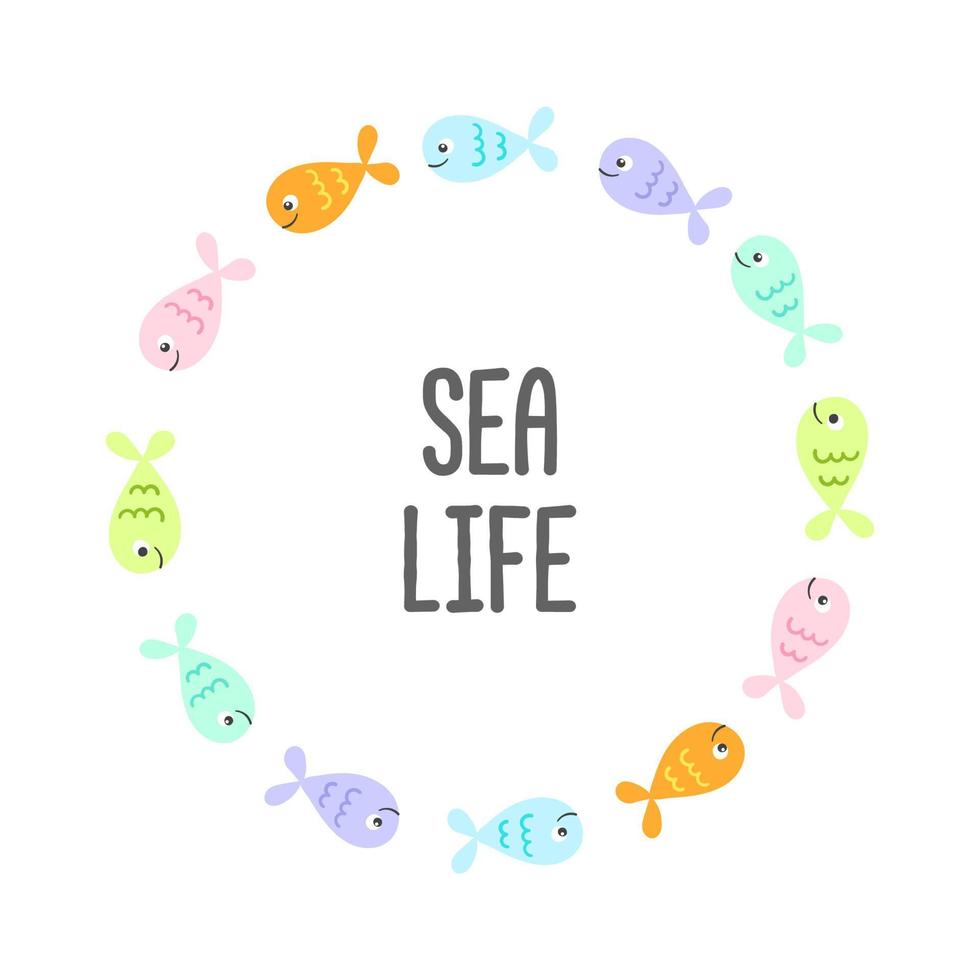 vektor ram av hav fiskar och text hav liv tecknad serie illustration på vit bakgrund.