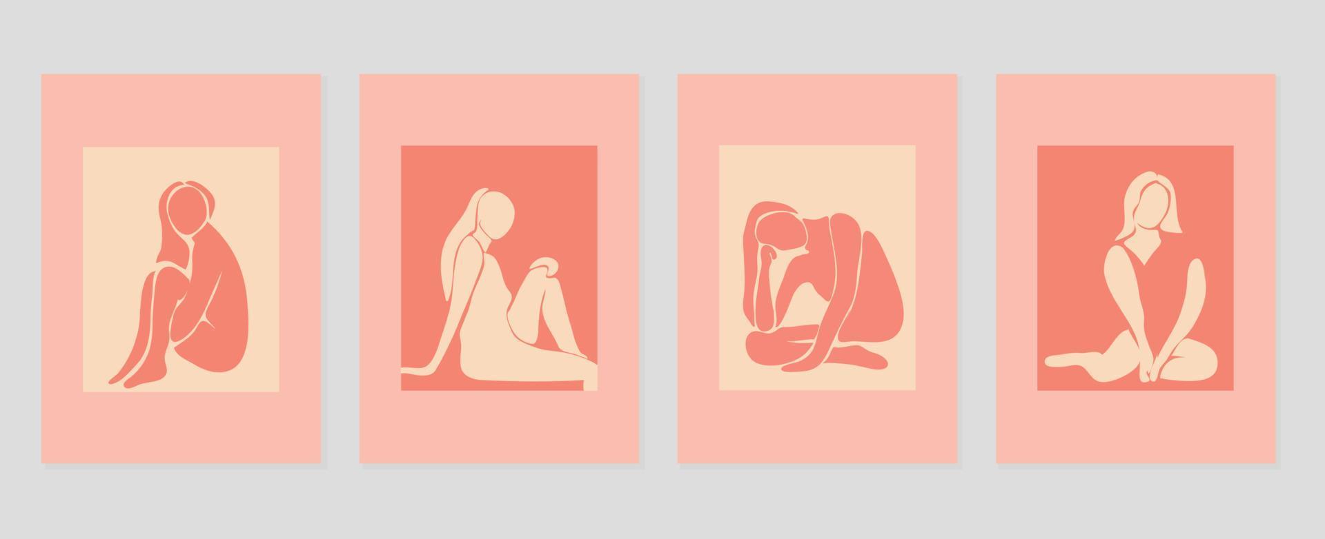einstellen von abstrakt Startseite Hintergrund inspiriert durch Matisse. nackt weiblich Körper, Haltung Orange im Hand gezeichnet Stil. zeitgenössisch ästhetisch illustriert Design zum Mauer Kunst, Dekoration, Hintergrund, drucken. vektor