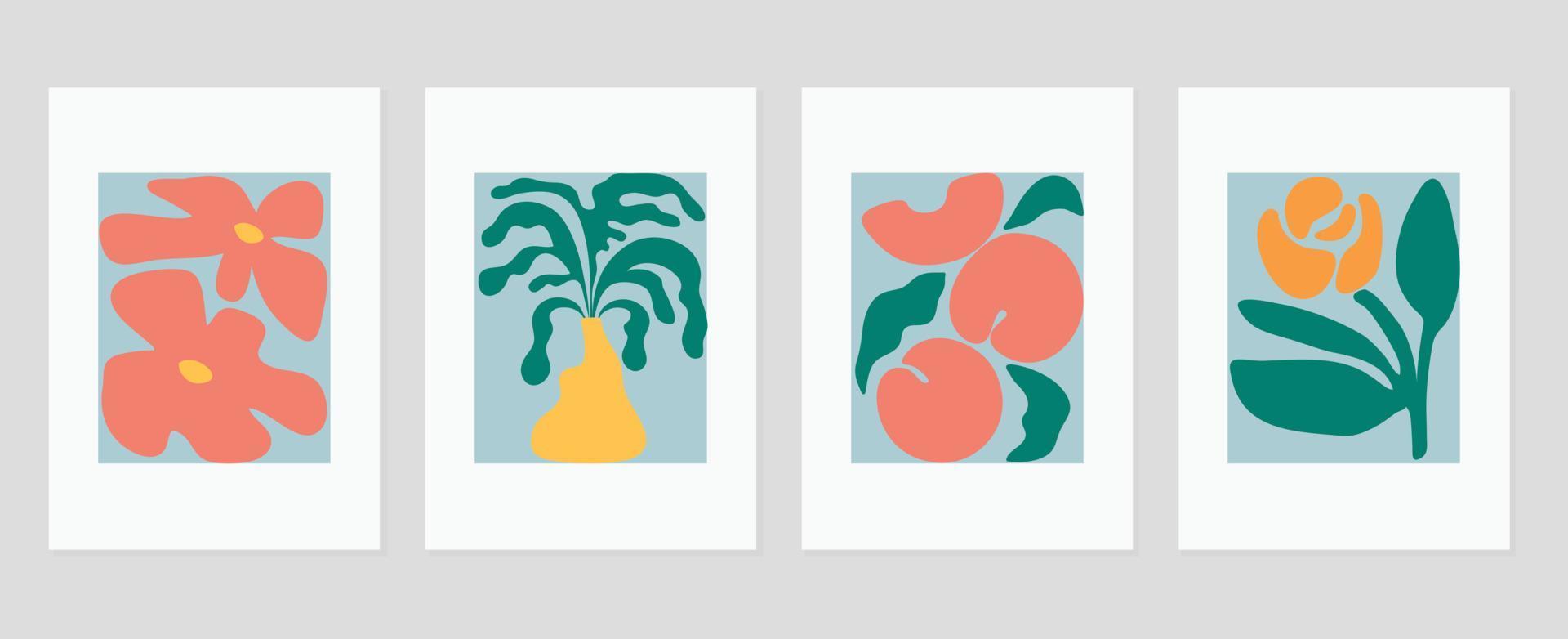 uppsättning av abstrakt omslag bakgrund inspirerad förbi matisse. växter, blad , färgrik blomma, vas i hand dragen stil. samtida estetisk illustrerade design för vägg konst, dekoration, skriva ut, tapet. vektor