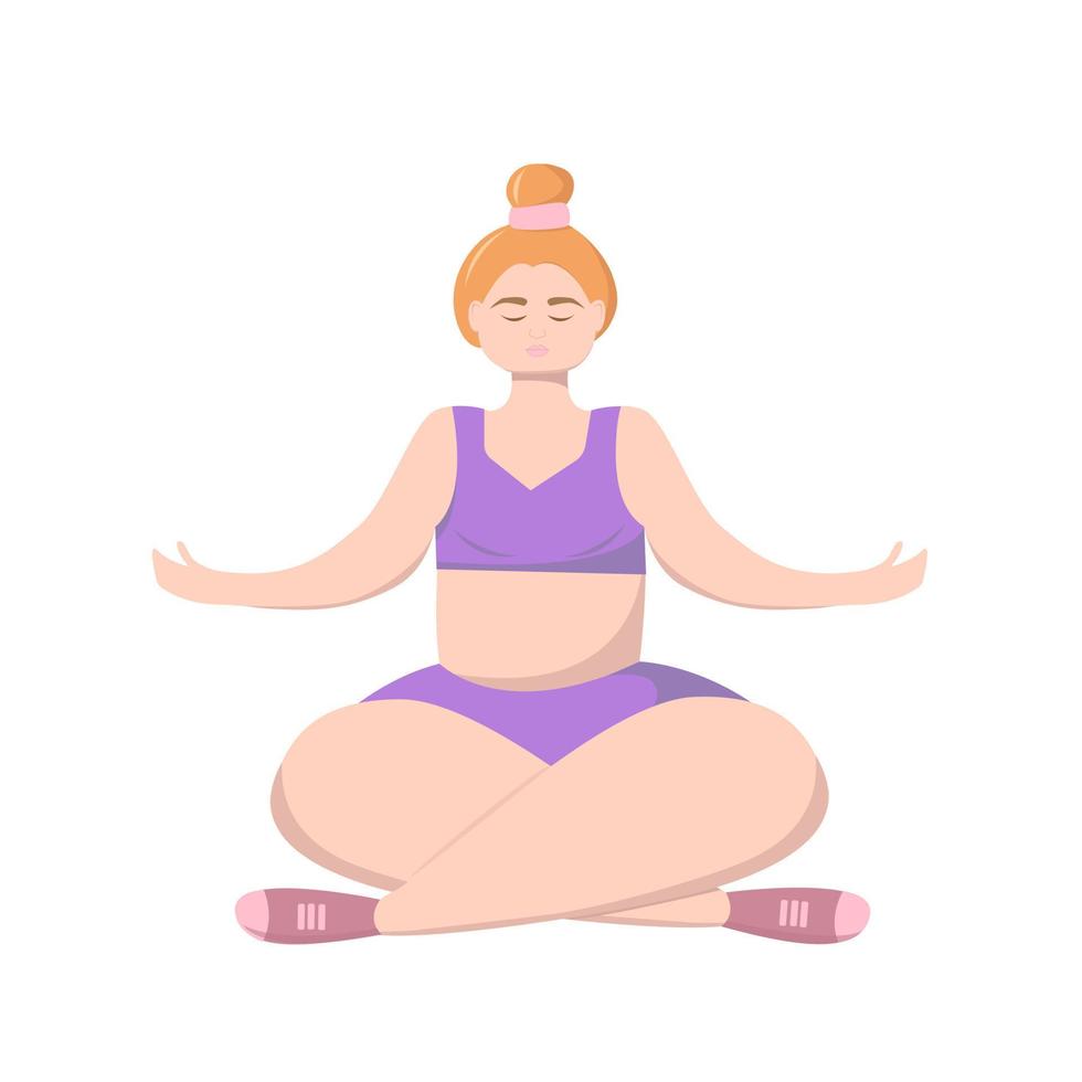 Lycklig plus storlek flicka håller på med yoga i lotus placera. koppla av meditation. kropp positivitet tema. själv tid begrepp illustration vektor
